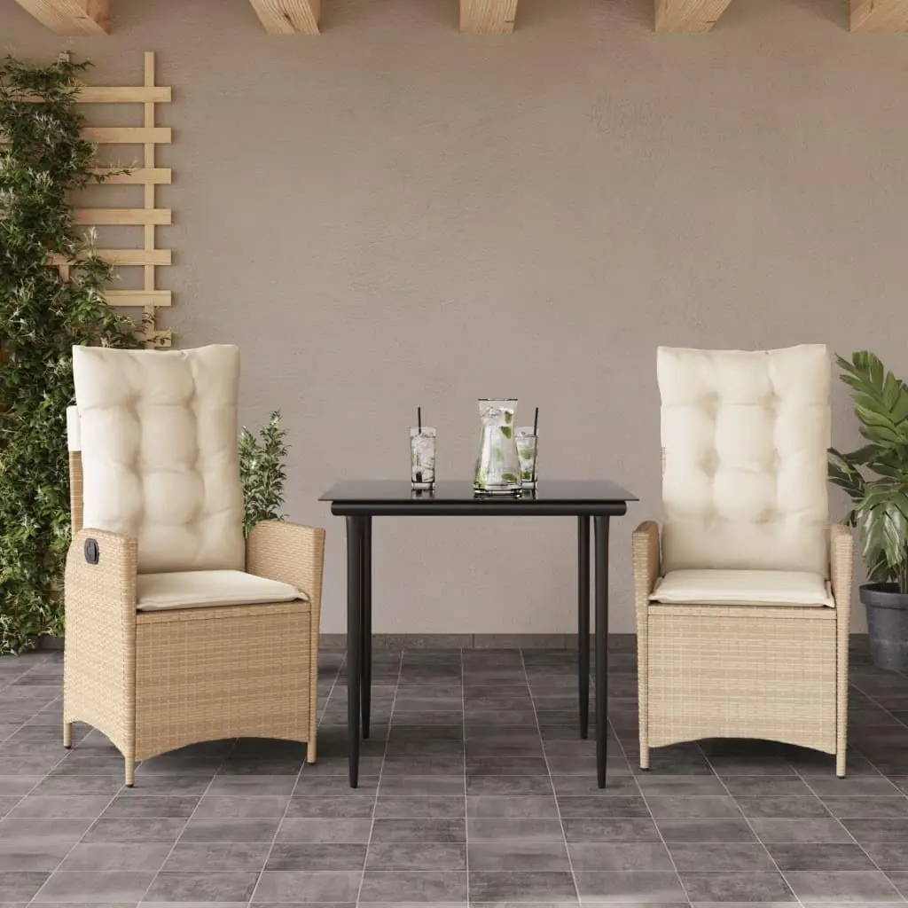 3-Piece Outdoor Patio Dining Set with Beige Cushions, Poly Rattan Garden Furniture for Poolside & Balcony, Customized