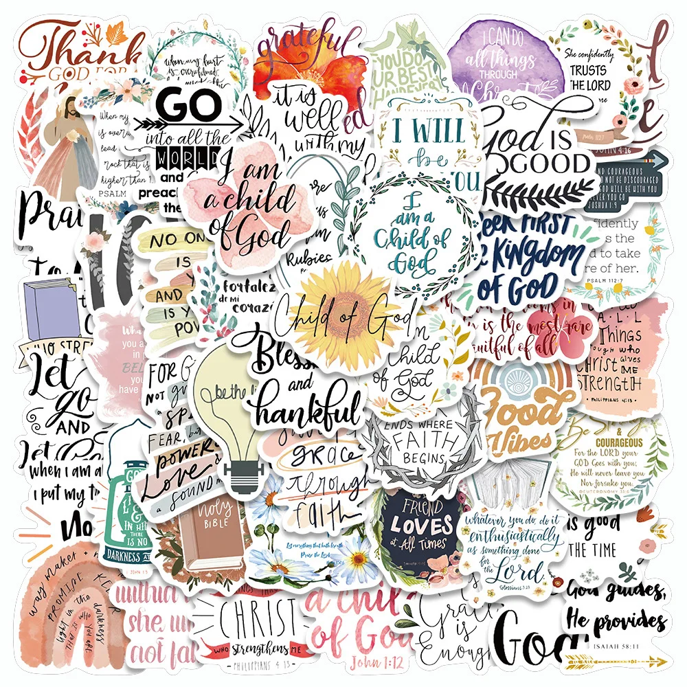 10/30/50pcs Cartoon Jesus Bible Stickers Aesthetic Bible Verse Faith Decals DIY Skateboard Luggage Phone Decoration Sticker Pack