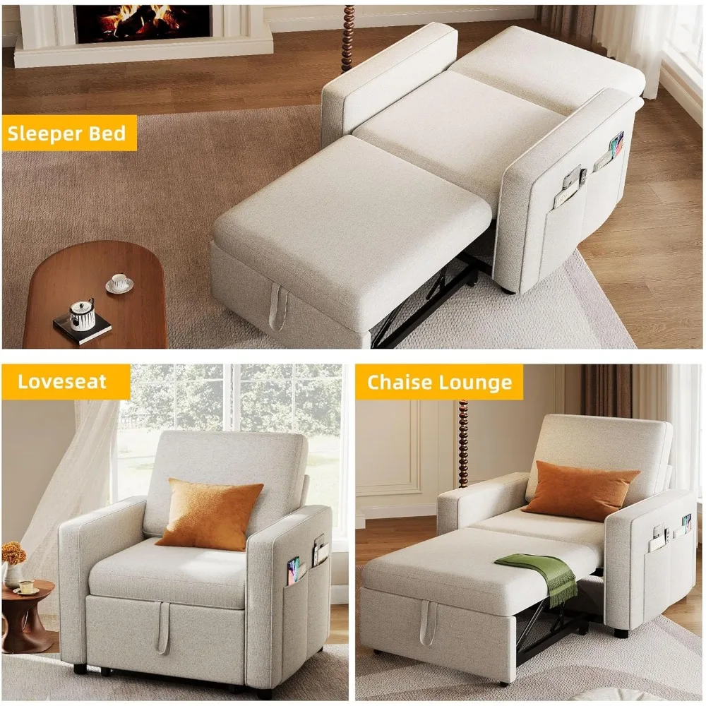 Sofa bed 3-in-1 berbahan linen dengan tempat tidur tarik, sandaran yang dapat direbahkan, dan sandaran tangan lebar untuk kehidupan modern