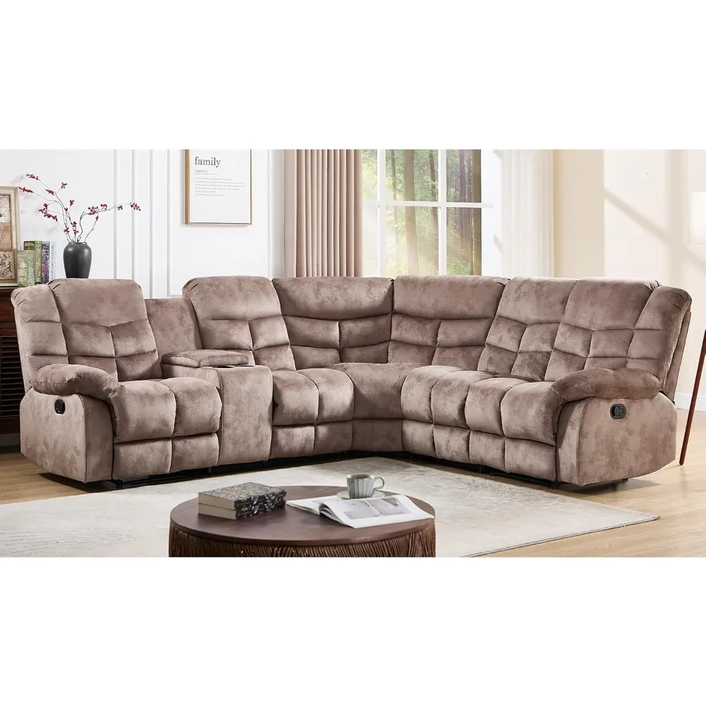 

Manual Reclining Sectional Sofa Set for Living Room, Soft Fabric Recliner Corner Sectional Couch with Center Console,