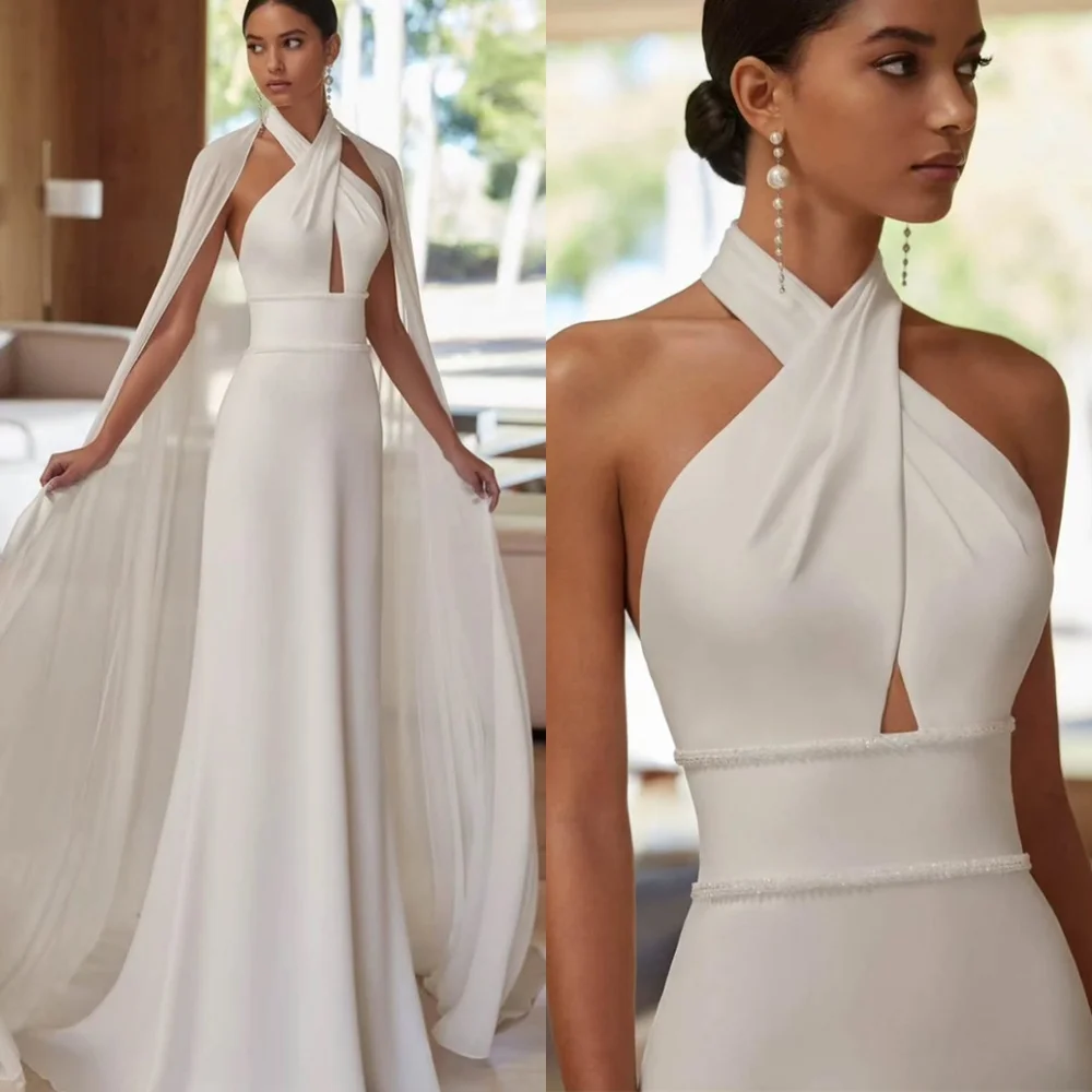 

Customized High Quality White Satin Evening Dress Exquisite Halter Sleeveless Open Back Buttons Mermaid Special Occasion Gowns