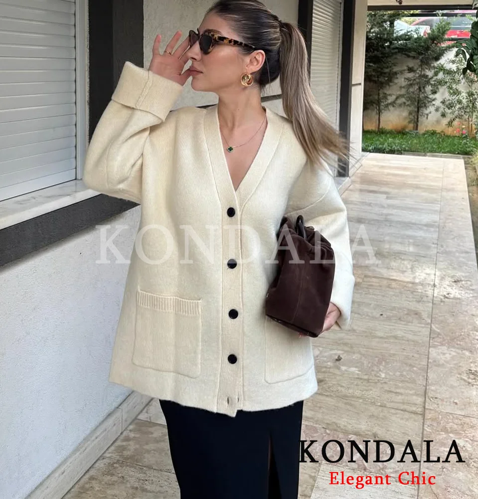 

KONDALA Elegant Women Fall Knit V-neck Sweater Button Cardigan Sweater 2025 Spring Autumn Fashion Office Lady High Street Tops