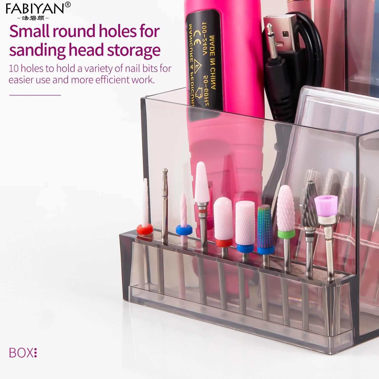 Boîtes de rangement transparentes en acrylique ABS pour outils d'ongles, boîte de rangement pour perceuse à ongles, tête de polissage, vitrine, fournitures pour ongles