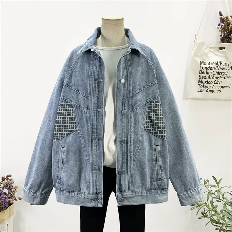 

Spring Plaid Patchwork Blue Jeans Jacket Casual Loose Long Sleeve Single-breasted Lapel Denim Jacket Female Outwear Streetwear