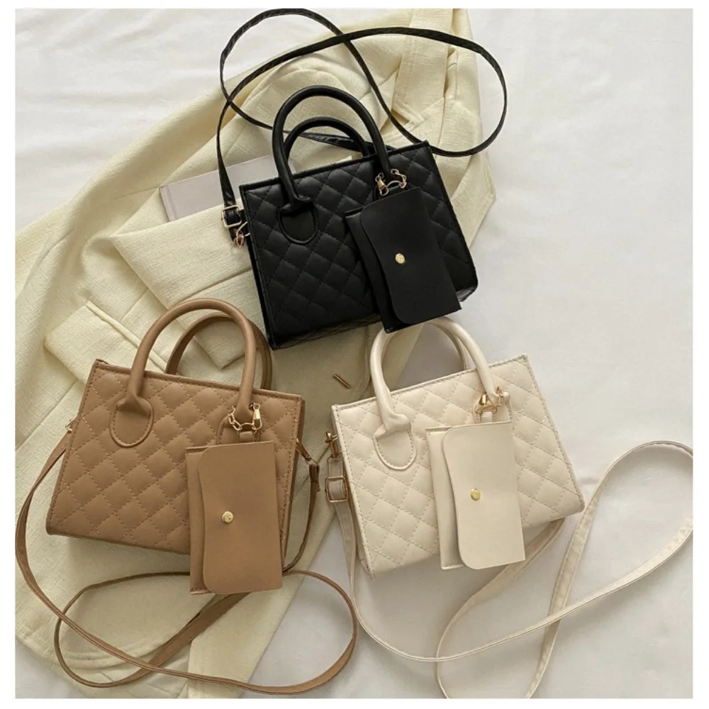 

Solid Colour Shoulder Crossbody Bag Simple PU Leather Zipper Handbag Diamond Stripe Daily Bag Women