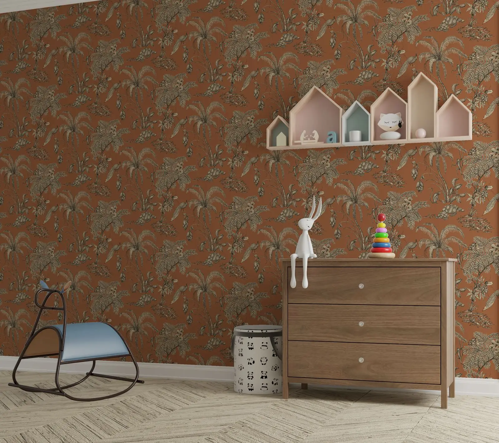 Toile de Jouy Wallpaper with monkey, Peacoark and Palm Trees in Forest, Jungle animal Wall paper with terracotta and beige color