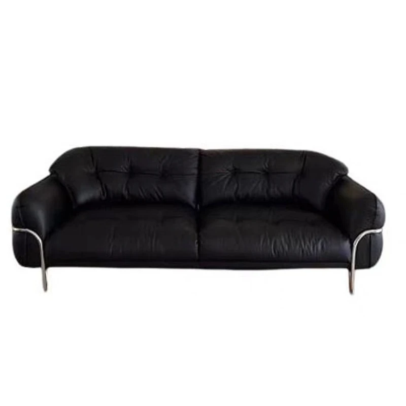 

Retro black cloud straight row stainless steel sofa leather living room French small apartment