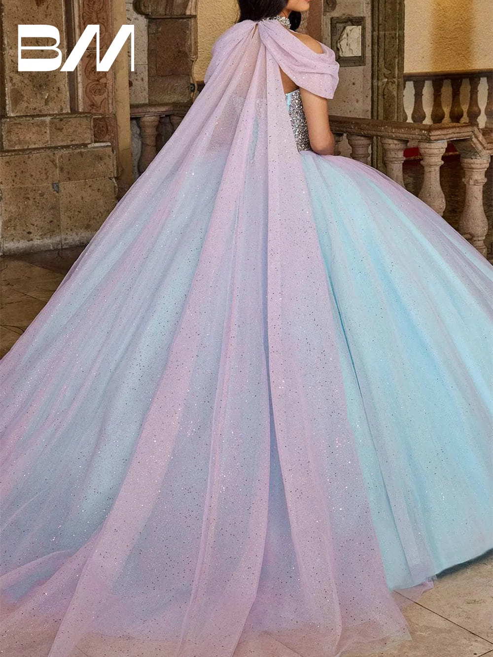 Vestido de baile de tule com lantejoulas, vestido quinceanera com capa de strass, luxo, doce 15 16, vestido de baile, plus size, vestidos de coquetel