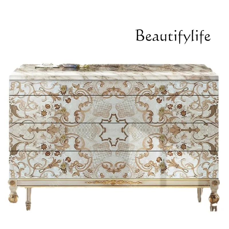 French solid wood carving flower dining side cabinet palace light luxury shell parquet locker bedroom four chest cabinet