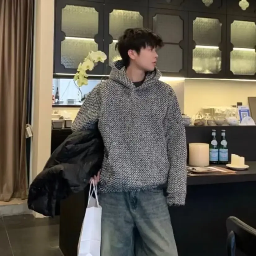 

Autumn Winter Large Size 250 Pou Men's Hoodie Sweatirt Heavyweight Tweed Loose Top High End Outerwear Faionable Quilted