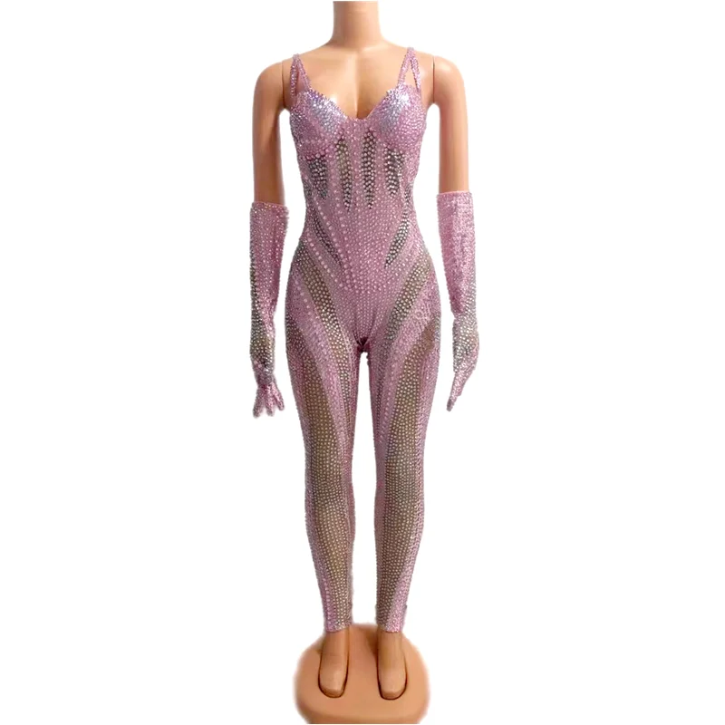 Fashion Design Rhinestones Outfit Jumpsuits Gloves Transparent Birthday Sexy Dance Costume Evening Celebrate Bodysuit baijiahei