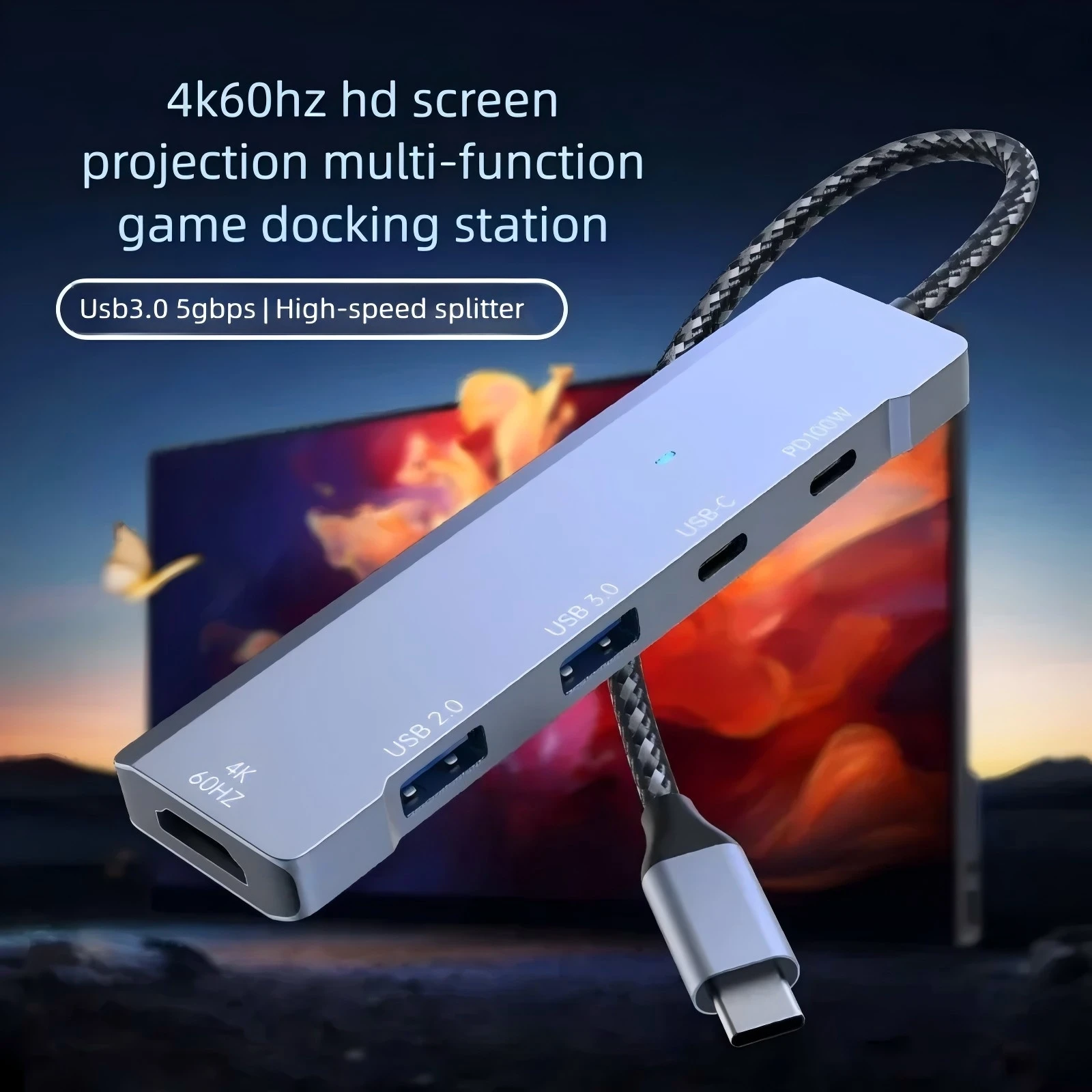 

Многофункциональная док-станция Type-C 5-в-1 4K HD 60 Гц для ноутбука Расширение USB-C Блок питания USB 3.0