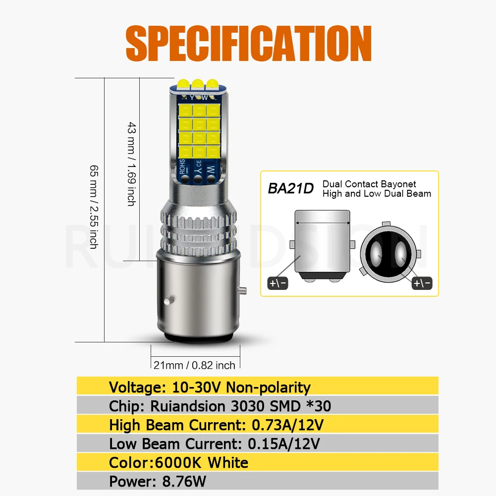 Ruiandsion BA21D Motorcycle LED Light Flood Light Driving Lamp 3030 SMDx30 Chip Yellow White Hi Lo Beam 12V 24V  2Pcs