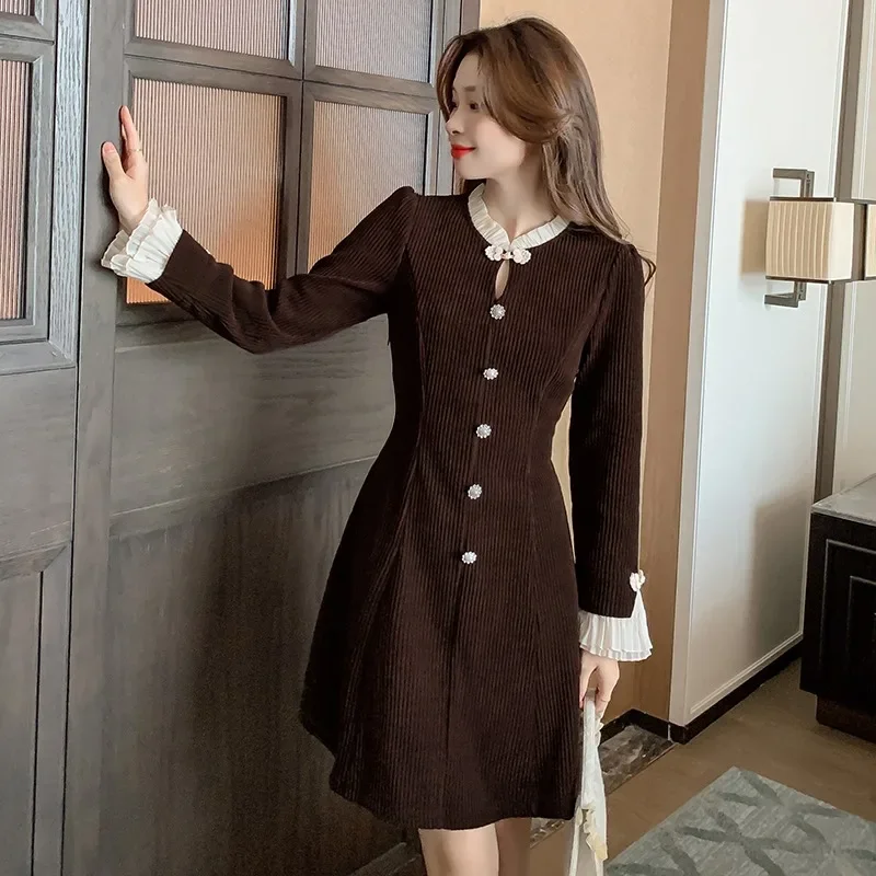 

Chinese Style Women Dress Spring Autumn New Solid Color Butterfly Sleeve Flounced Edge Hight Waist Elegance Dresses Female