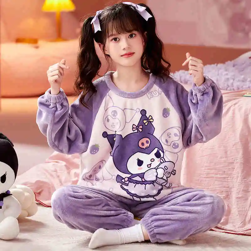 Kuromi Cinnamoroll Pochacco Children'S Pajamas Girls' Winter Coral Fleece Thickened Flannel Homewear Set