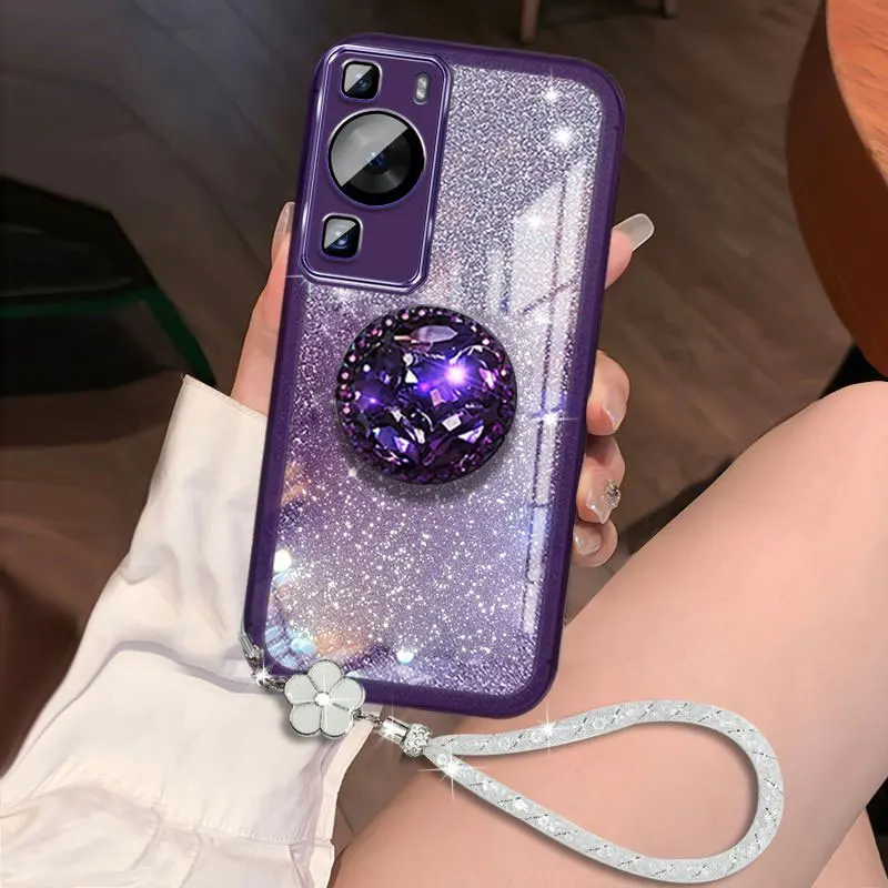 P60 Case Bling Glitter Lanyard Diamond Holder Case For Huawei P60 P50 Pro Nova Y61 Y90 Y91 Y70 Plus 5T Phone Case Silicone Cover