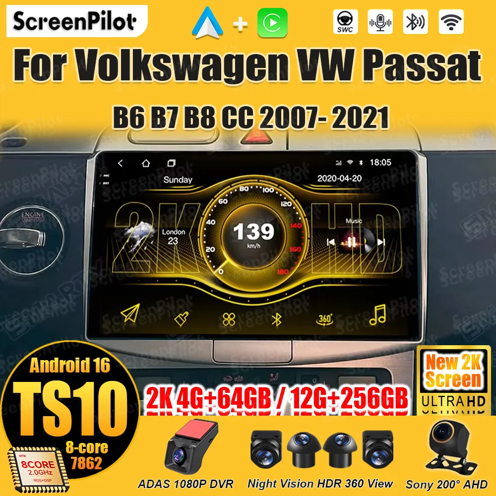 

For Volkswagen VW Passat B6 B7 B8 CC 2007- 2021 Android 16 Car Radio Multimedia Video Player GPS Navigation Touch Screen RDS 5G