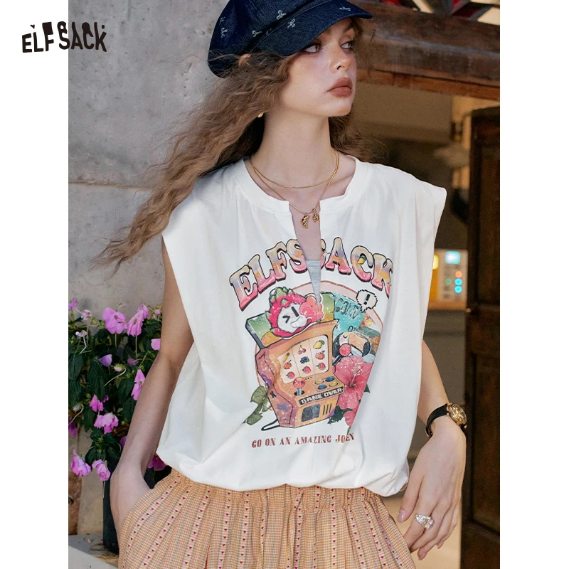 

ELFSACK Playful Slot Print Fake Two-Piece Vest Top, Split Neck Sleeveless Graphic Tee, Tropical Casual Loose Top for Women