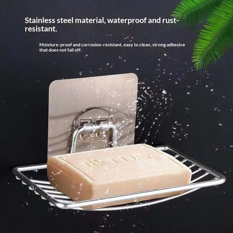 Stainless Steel Soap Dish Holder Single Layer Drain No Drilling Wall Mounted Draining Soap Rack For Bathroom Shower Storage