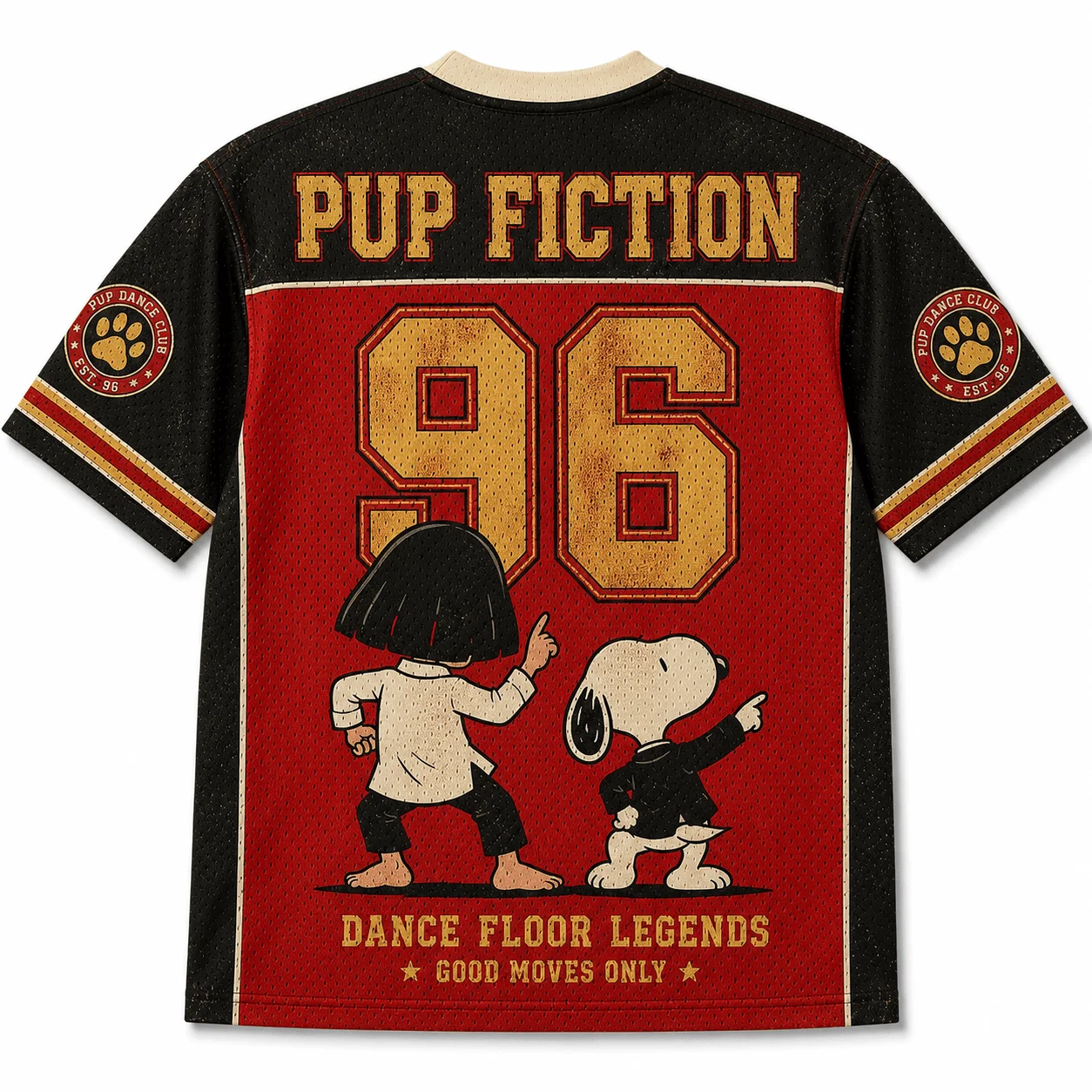 Snoopy Peanuts Comics Pup Fiction Retro Distressed Mesh V-neck Jersey Unisex Retro Movie Poster Cartoon Illustration