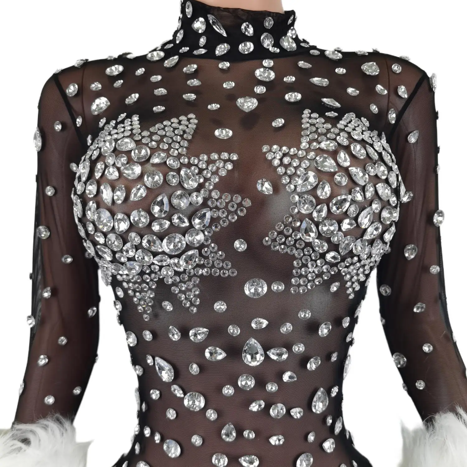 Cantor Strass Macacão Peludo para Mulheres, Gogo Roupas de Dança, Bodysuit Stretch Preto, Drag Queen Traje, Boate Bar, Guibin