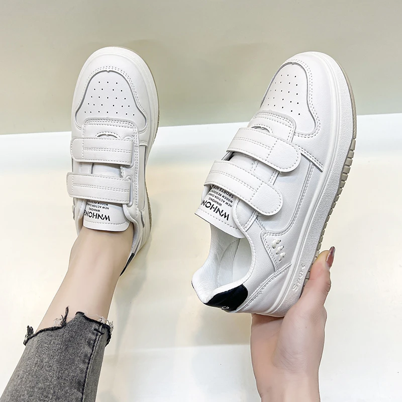 Classic Women Chunky Sneakers suola spessa PU tacchi medi Hook & Loop Platform scarpe da donna punta tonda scarpe vulcanizzate Plus Size