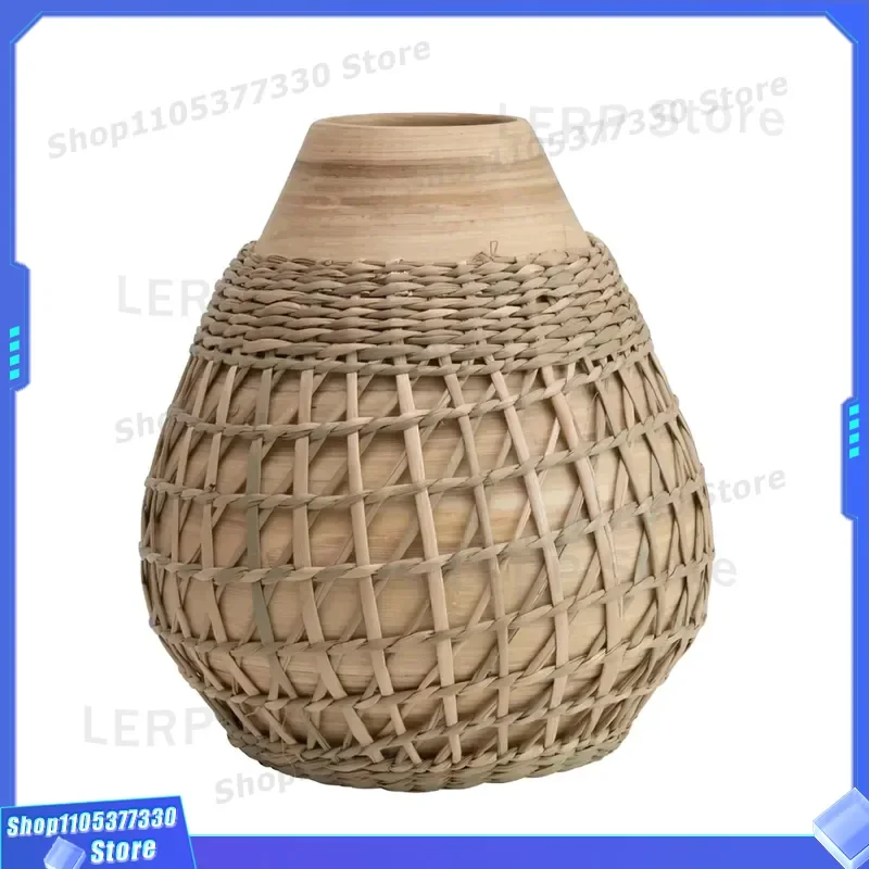 Modern Art Deco Bamboo Vase Natural Wood Color Loose Weave Lid Luxury Decorative Home Garden Wedding Centerpiece Wholesale