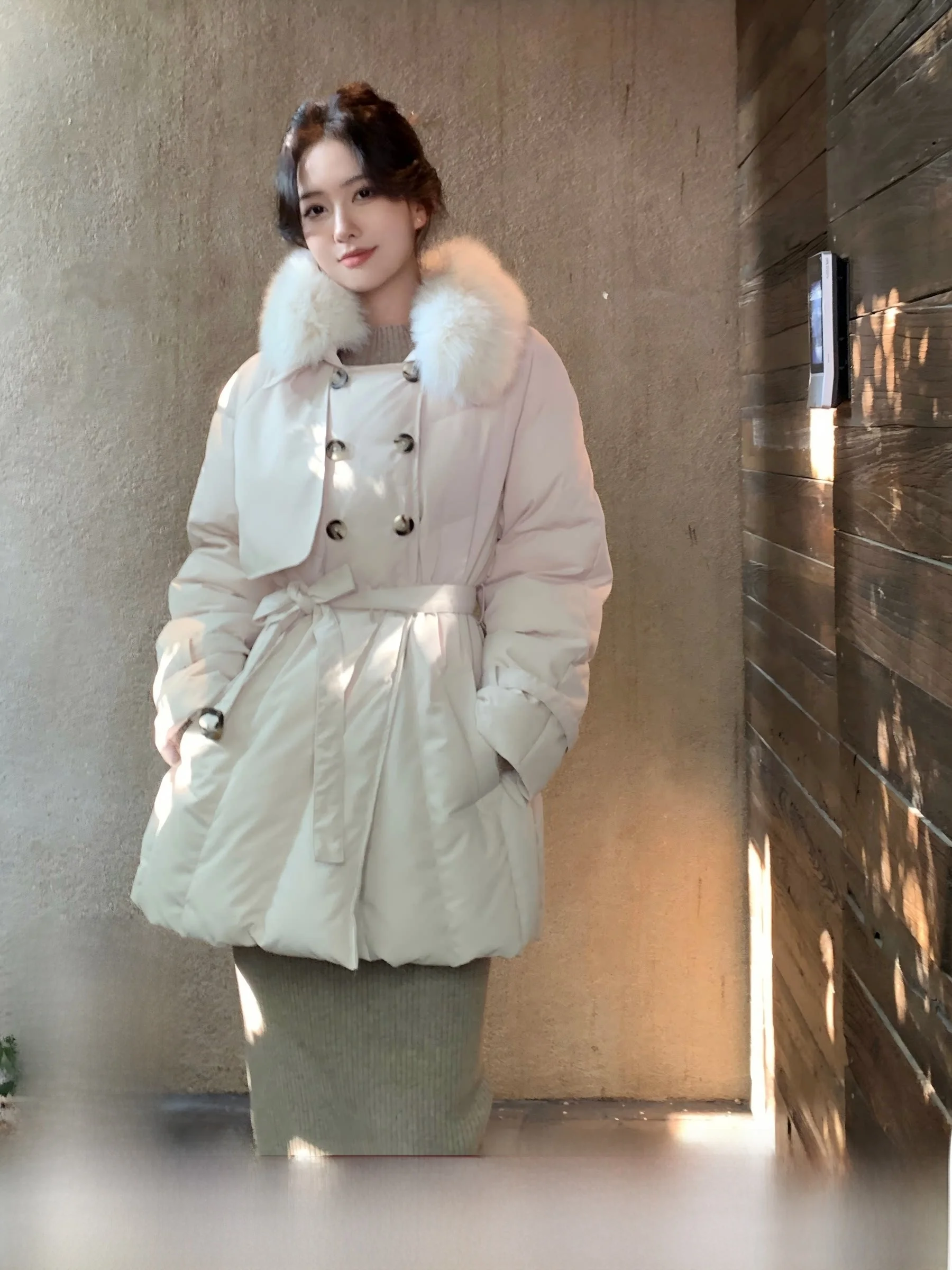 

Ele Goose down Parka Coat with Fur Collar And Belt Casual Sle Pure Color Warmth for Ladies Winter Season