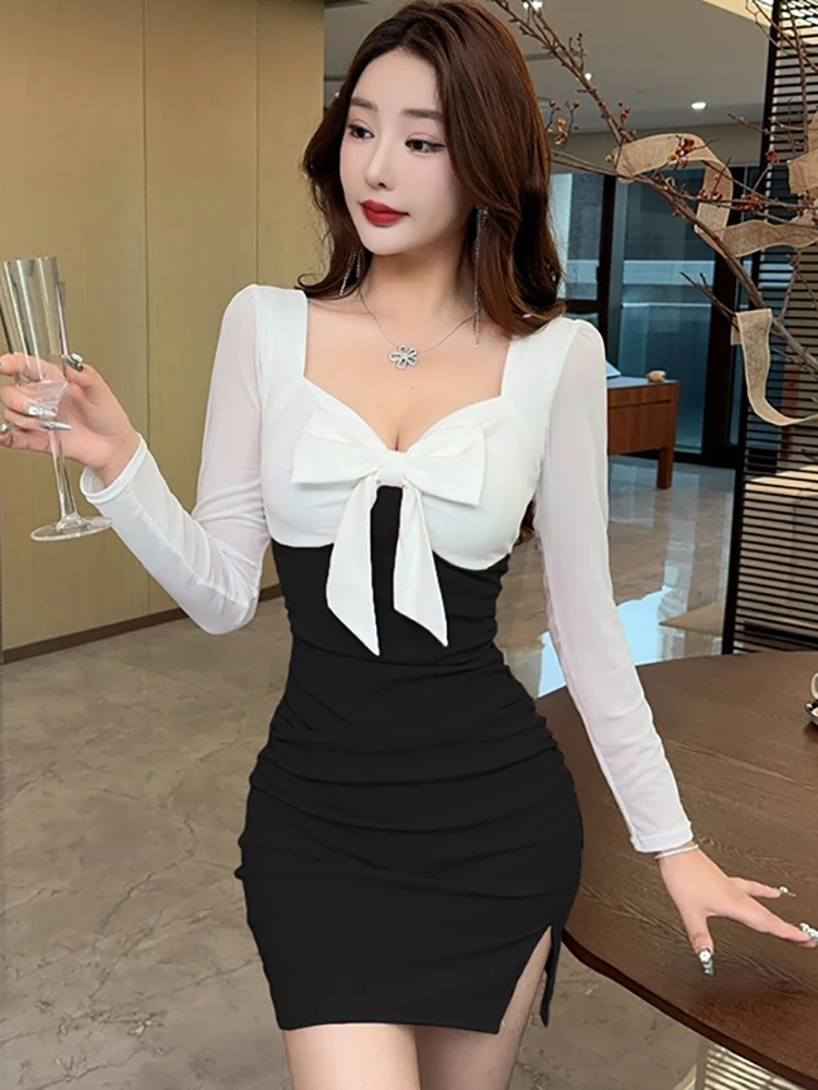 الخريف الأزرق المرقعة الأبيض القوس ساحة طوق فستان قصير 2025 أنيقة فستان المنزل غير رسمي المرأة الكورية موضة Bodycon فستان الحفلات #3