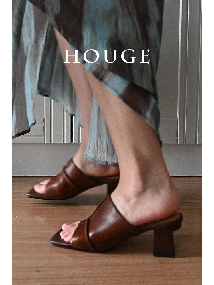 

Retro Faded Leather Slippers Women's Chunky Heel Open Toe Mules Casual Sle Splicing Design Comfortable Summer Slippers