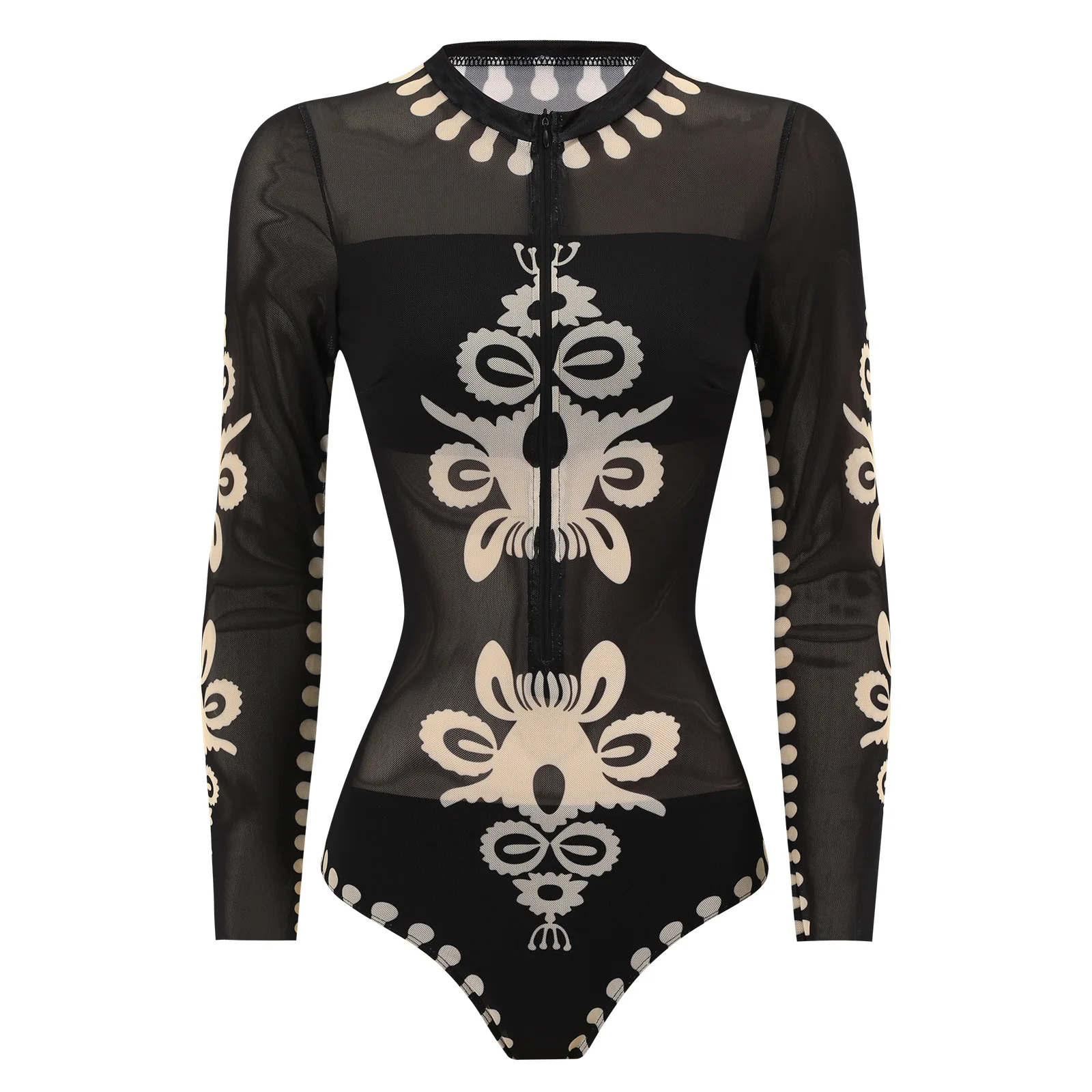 Long Sleeve Front Zip One Piece Rash Guard Swimsuit UPF35++ Tribal Eye Print Surfing Bathing Suit for Beach Snorkeling Vacation
