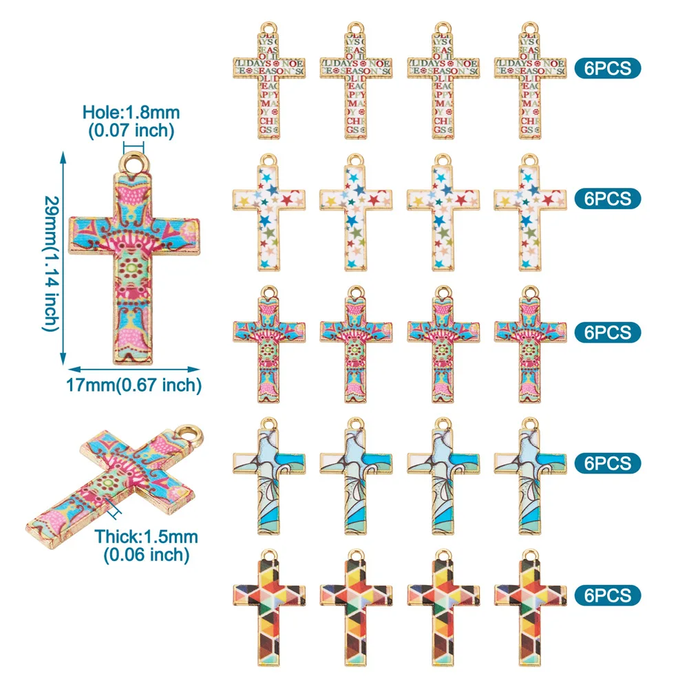 ジュエリー作り用のクロスペンダント,30個,モザイクスタイル,クロス,ミックスカラー,十字架,宗教的な魅力,DIYアクセサリー,29x17x1.5mm