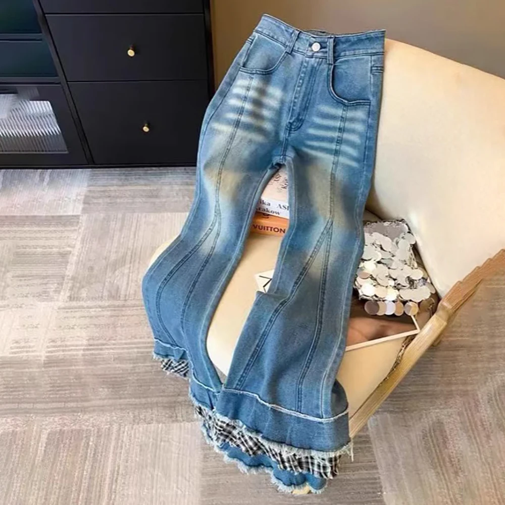 Y2K Style Slim Falred Jeans for Women Spring Autumn Fashion High Waist Plaid Patchwork Tassel Edge Denim Pants 2025 Skinny Jeans