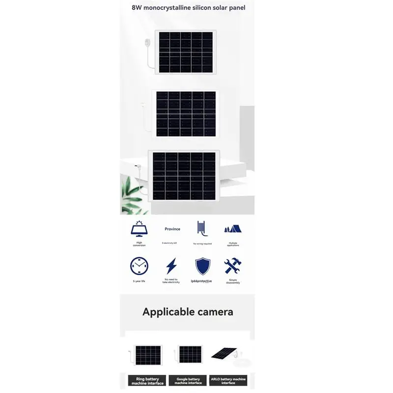A93Z 8W Solar Panel With Extension Cable IP65 Waterproof For Camera Security Camera Outdoor