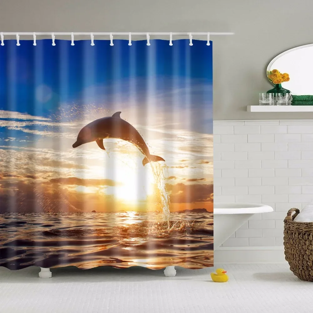 Seaside Scenic Beach Shells Dolphin Shower Curtain Bathroom Curtain Frabic Waterproof Polyester Bath Curtains for Bathroom