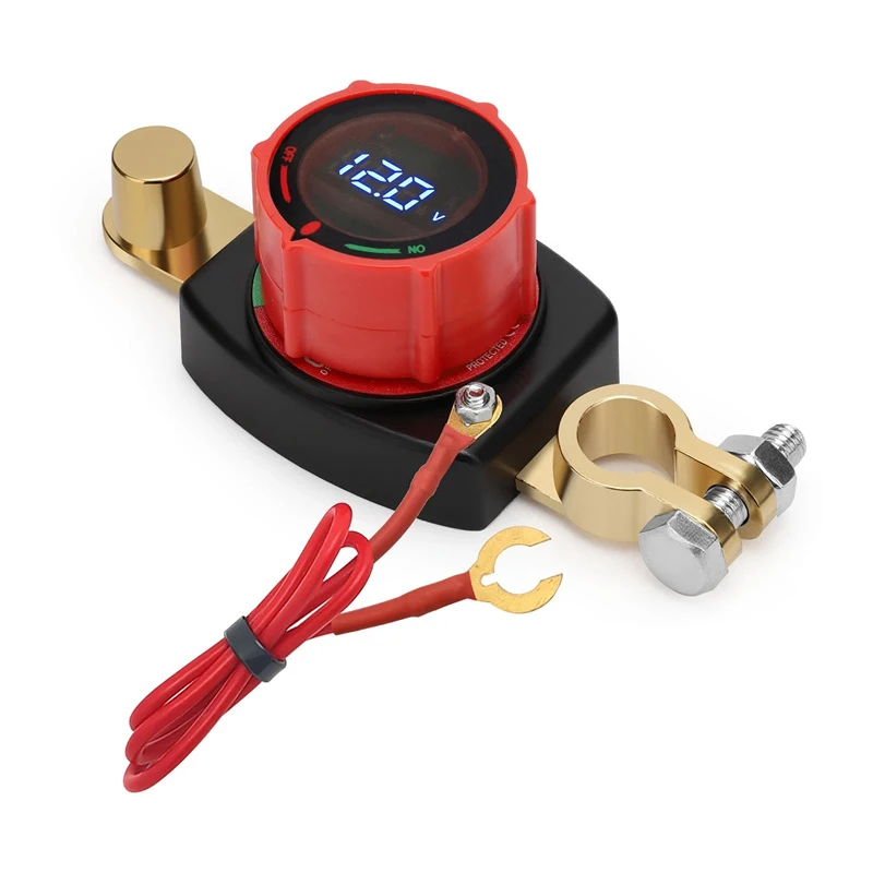 Interruptor de desconexión de batería de poste superior, 12V-48V con voltímetro LED, interruptor de apagado de batería de 5-60V CC, interruptor de corte de batería de encendido/apagado para coche