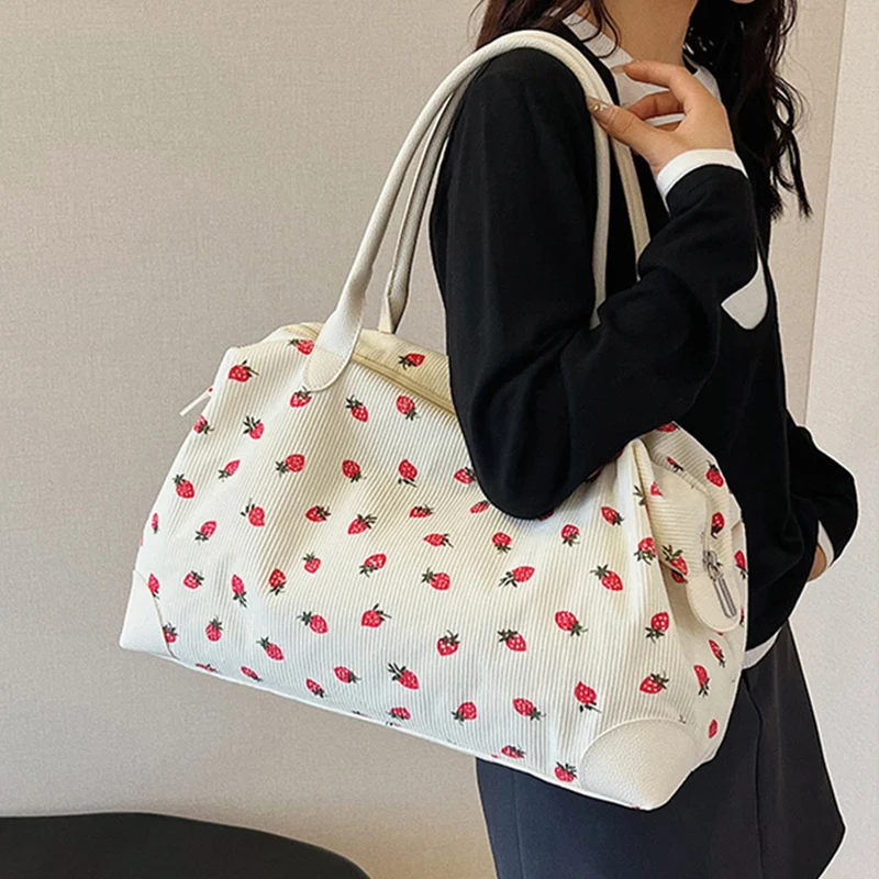 

Corduroy Travel Handbag Strawberry Shoulder Bag Women Duffle Bags Weekender Overnight Large Tote Pack Winter Underarm Daypack