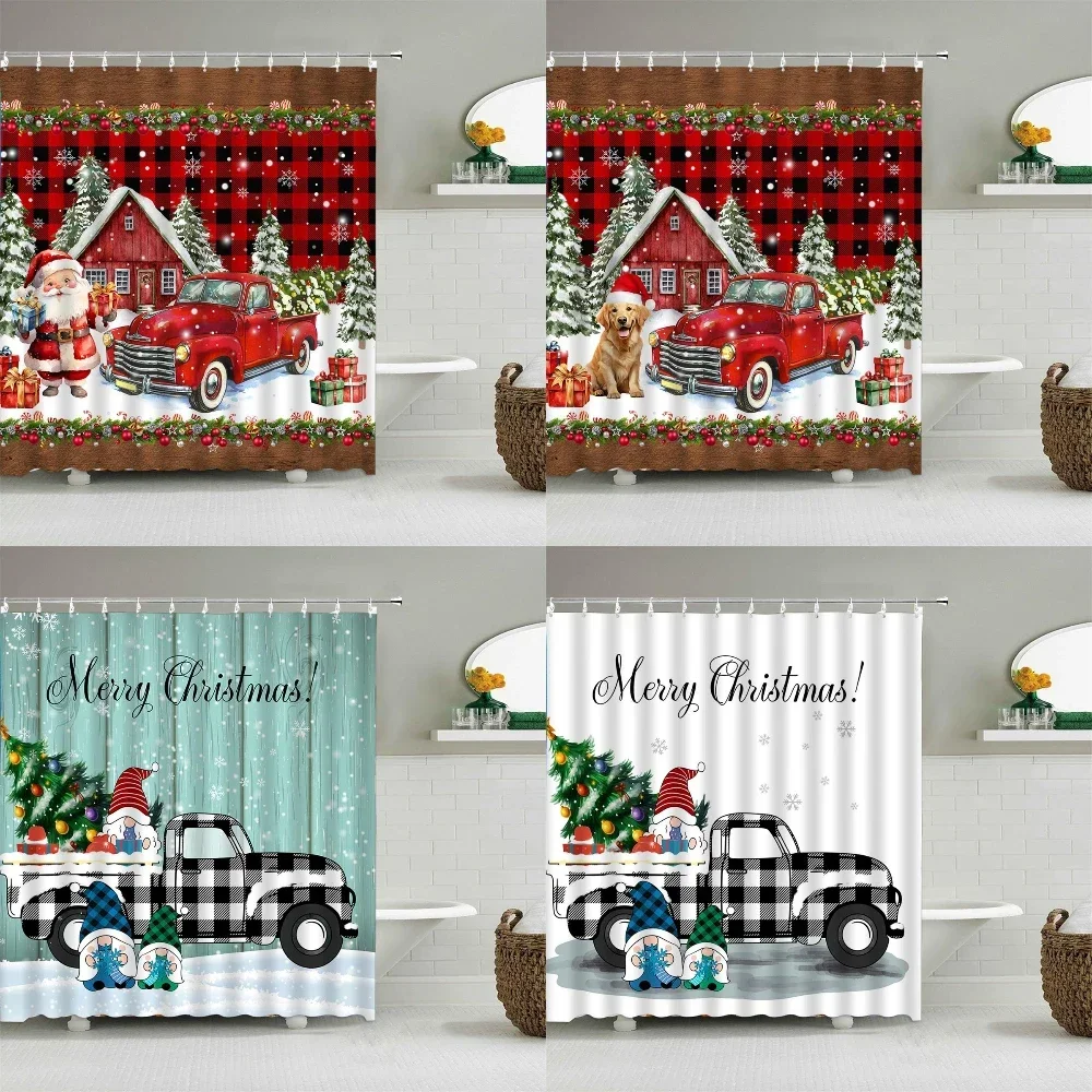 Christmas Shower Curtain, Winter Holiday Santa Gnomes Red Truck Plaid Farm Christmas Tree Planks Snowflake Bathroom Decorations