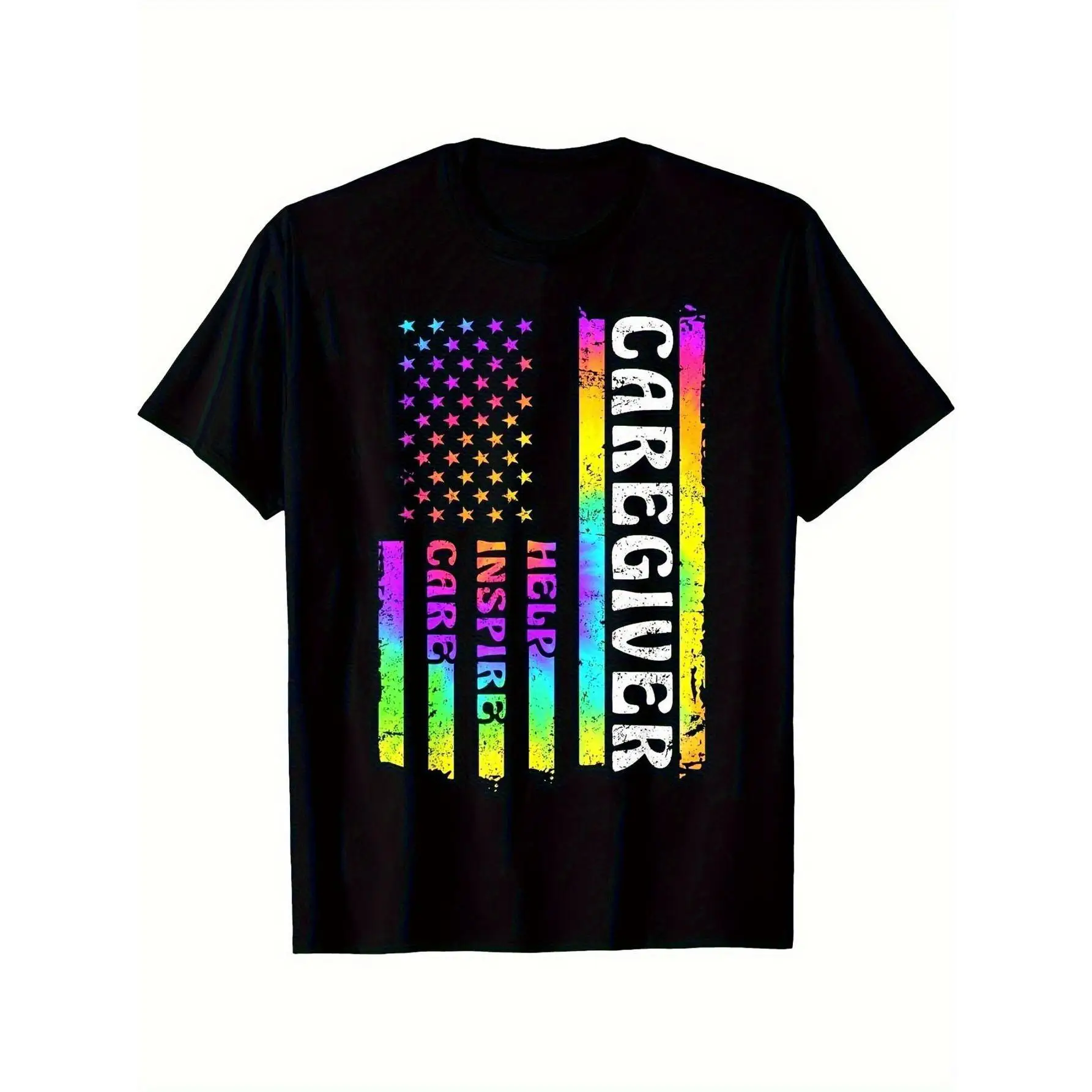 

Caregiver T-Shirt for Men, Colorful American Flag Graphic Tee, "Care Help Inspire" Nurse Appreciation Gift, Unisex Casual Top