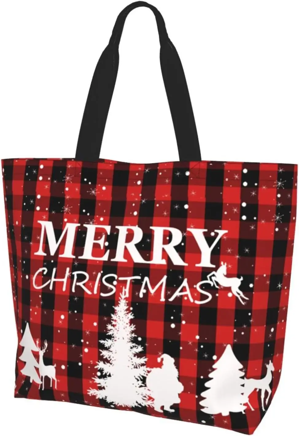 Plaid Pattern Merry Christmas Grocery Bag Cute Sling Bags Christmas Tote Handbag Print One Size Holiday Shopping Bag