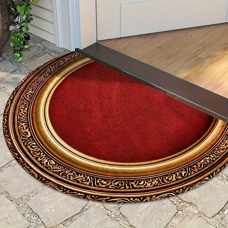 Half Round Doormat Christmas Red Felt NonSlip Welcome Mats for Front Door Entrance Fair Isle Snowman Snowflake Winter Decor