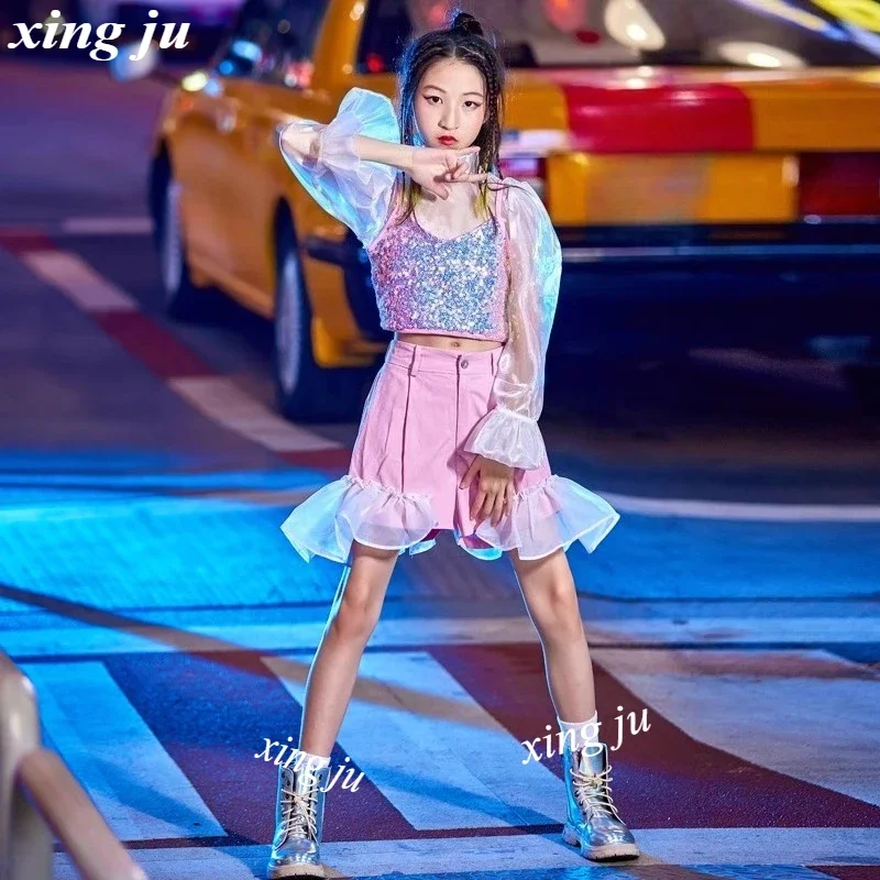 Gilet à paillettes pour enfants, haut transparent, Costume de danse Jazz, jupe Patchwork Hip Hop, vêtements de spectacle sur scène pour enfants