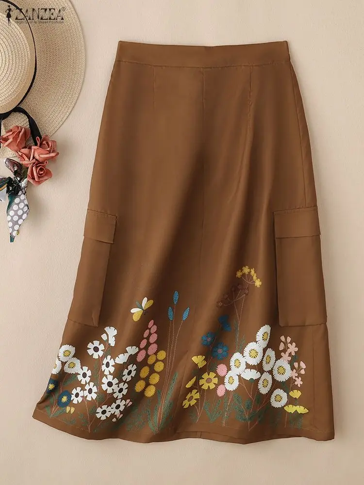 

Floral Print Midi Skirts Women Casual Elastic Waist Patch Pockets A-line Mid-Length Skirt ZANZEA Autumn 2025 Woman Clothes S-3XL