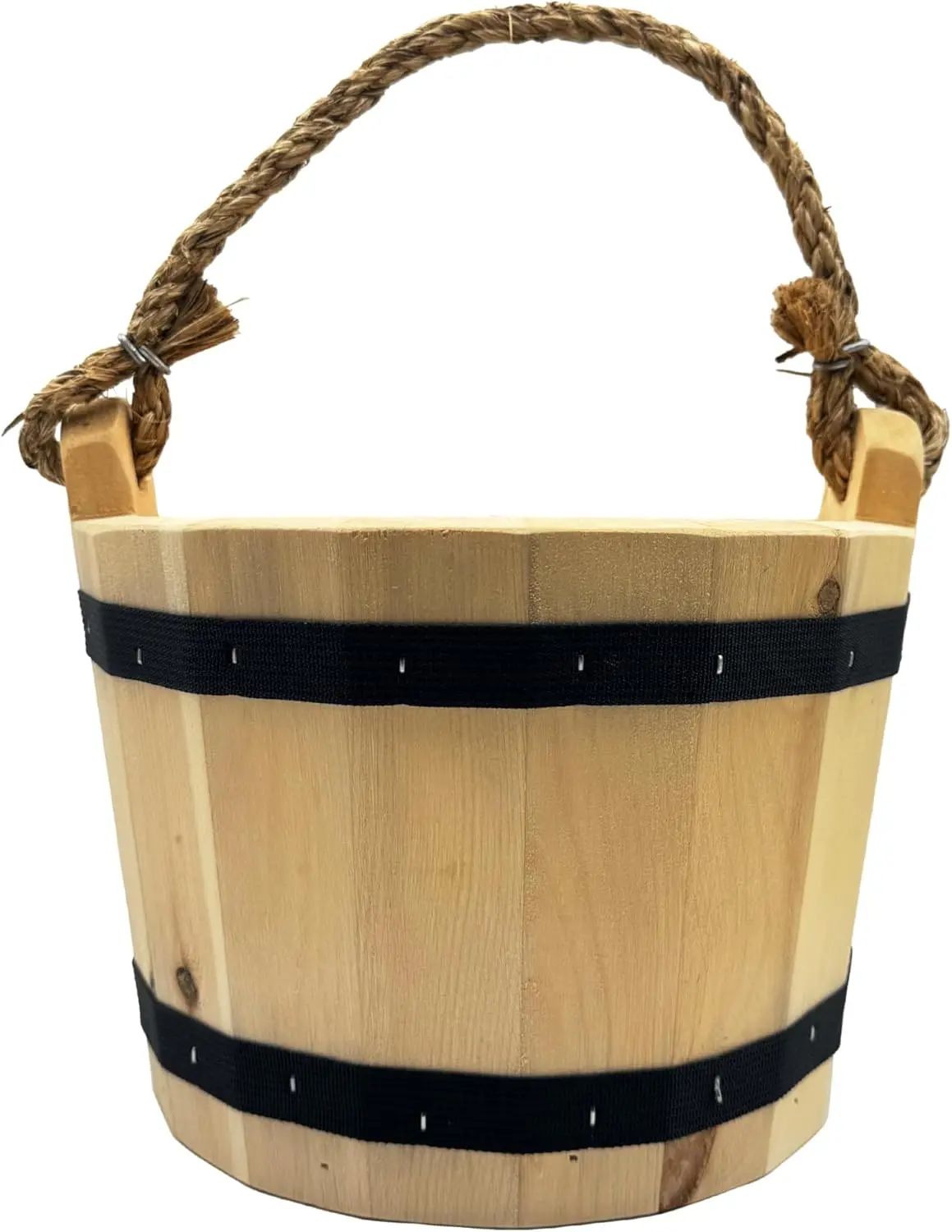 

Vintage Wooden Bucket Planter 8x10 Inches with Rope Handle, Solid Wood Water Wishing Well Pail for Primitive Decor - Made in USA
