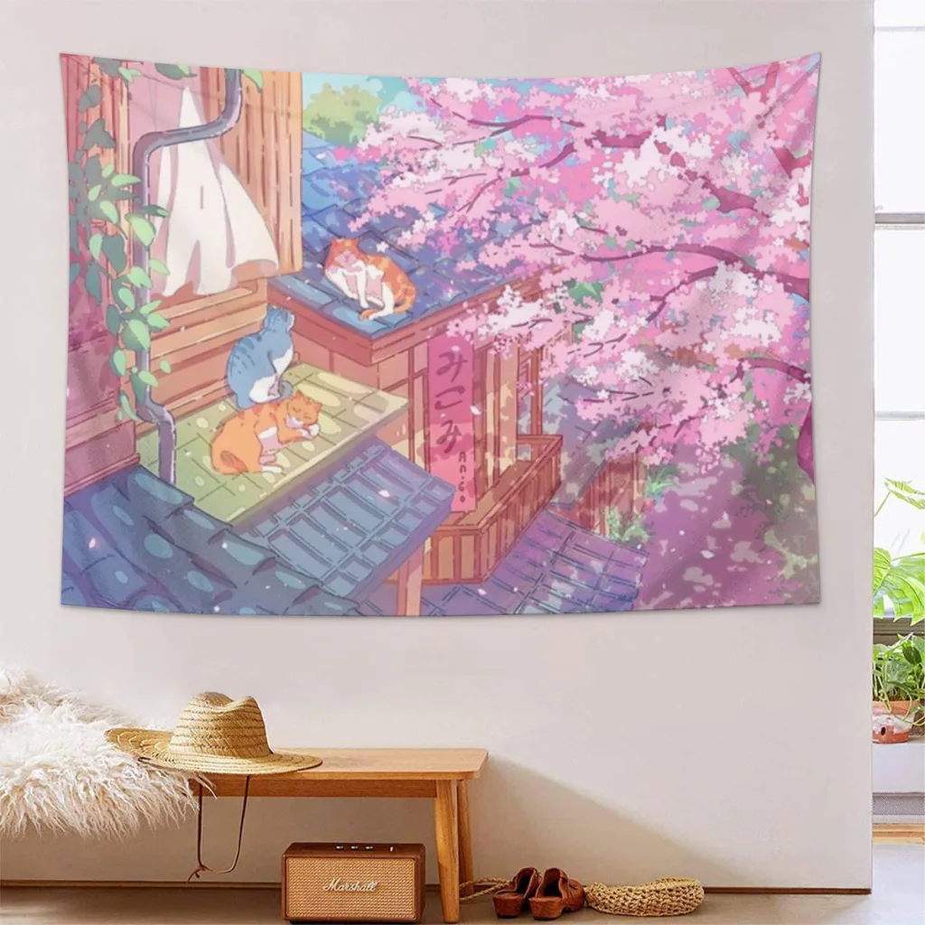 The cute cats, rooftops, and pink cherry Wall Hanging Tapestry Home Wall Decoration