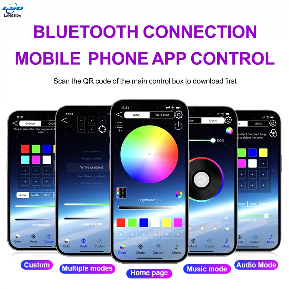 سيارة المحيطة ضوء LED شرائط مصباح العالمي 64 لون المخفية الاكريليك الزخرفية ضوء ستيريو كامل اللون تدفق RGB 5 فولت 2812 LED