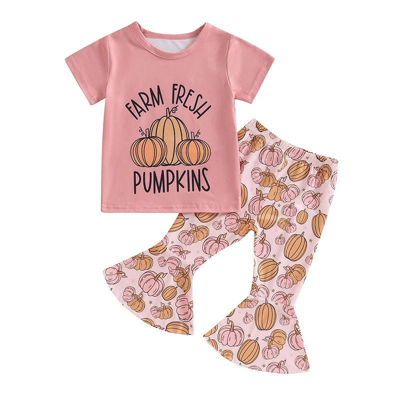 

Toddler Girls Halloween Pants Sets Short Sleeve Letter Pumpkin Print Tops Flared Pants Sets