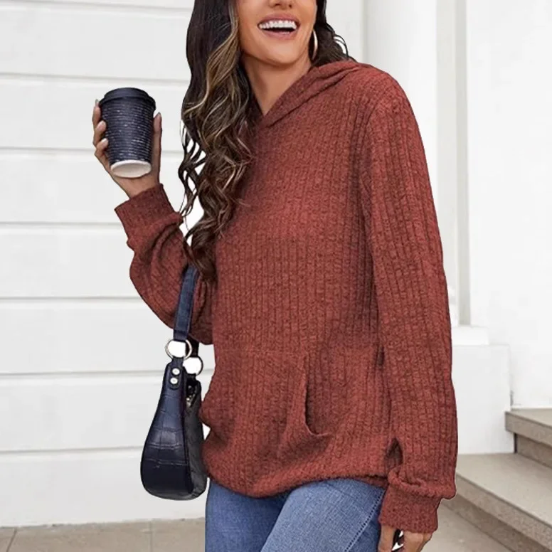 Jesień Zima Nowość z Kieszeniami Długi Rękaw Damska Bluza z Kapturem z Dzianiny w Jednolitym Kolorze Inne Style z Tajwanu