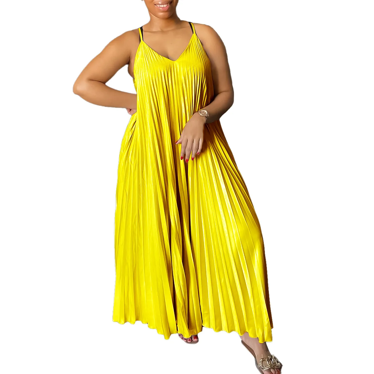 

African Pleat Dresses for Women Sexy African Sleeveless Summer V-neck Polyester Long Maxi Dress Dashiki Africa Clothing Outfits