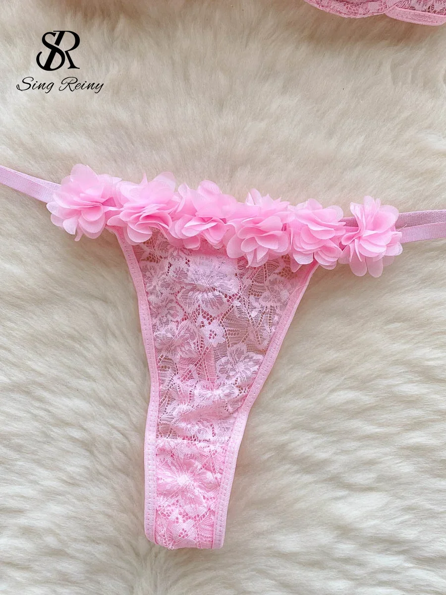 SINGREINY 2024 Sensual Mesh Lace Lingerie Three Pieces Sets Women Floral Strap Mini Bra+Thongs Hollow Out Sexy Underwear Suits